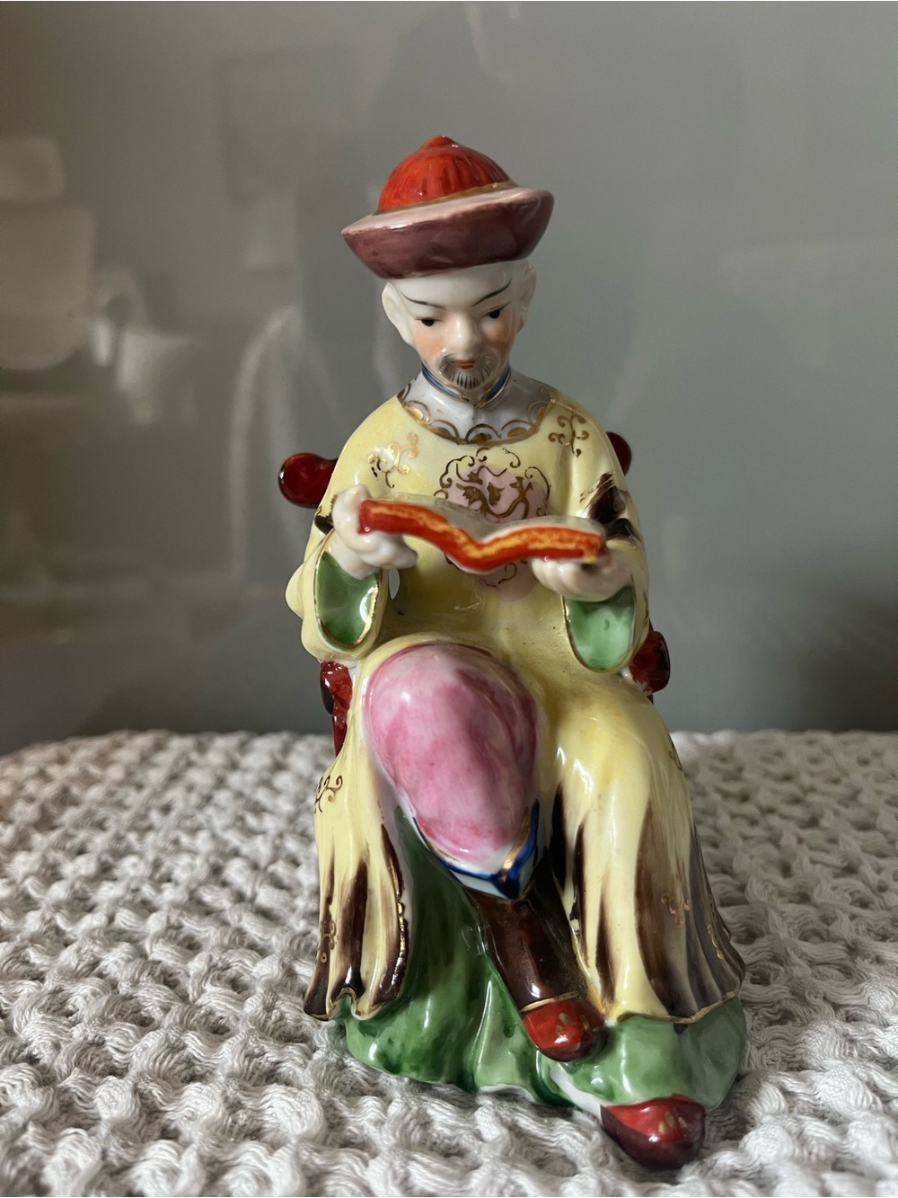 Porcelain Asian Scholar Figurine in Yellow and Pink - Made in Japan stamp.